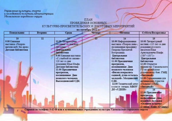 Культурно-просветительские и досуговые мероприятия в Удомельском городском округе на период с 10 по 16  октября 2022г