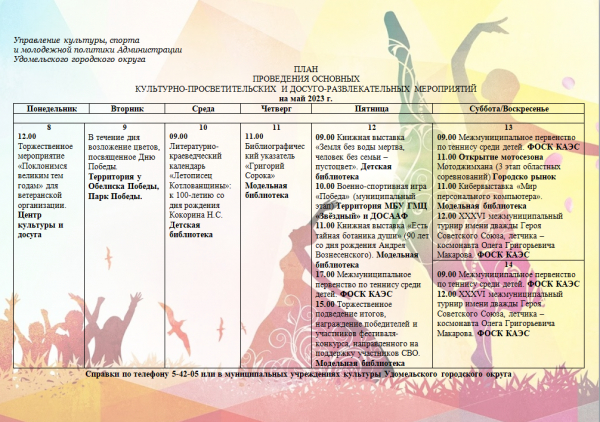 Культурно-просветительские и досуговые мероприятия в Удомельском городском округе на период с 8 по 14 мая 2023г.