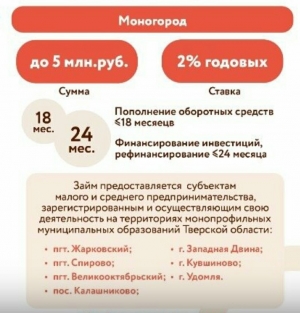 Займы малому и среднему бизнесу г. Удомля под ставку 2% годовых на срок до 24 месяцев по программе &quot;Моногород&quot;