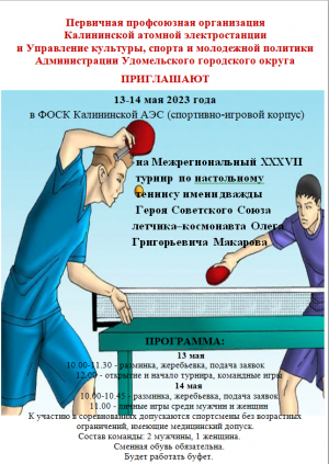 Межрегиональный турнир XXXVII турнир по настольному теннису имени дважды Героя Советского Союза летчика-космонавта О.Г.Макарова
