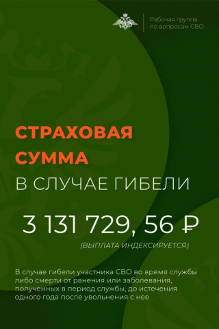 Страховая выплата 3 миллиона от компании СОГАЗ положена семьям погибших участников СВО