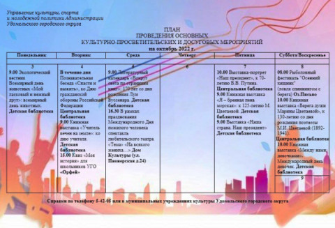 Культурно-просветительские и досуговые мероприятия в Удомельском городском округе на период с 3 по 9  октября 2022 г.