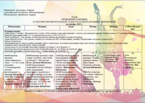 Культурно-просветительские и досуговые мероприятия в Удомельском городском округе на период с 5 по 11 декабря 2022г.